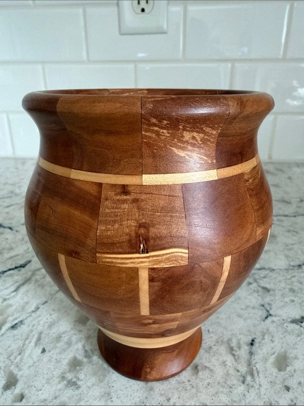 Beautifully Hand-turned Wood Vase with Faux Plant